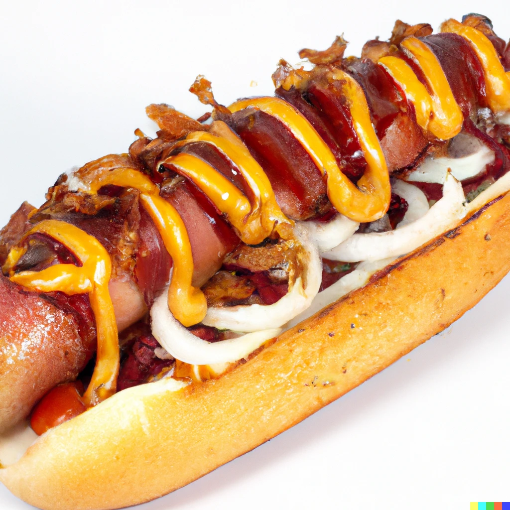 Prompt: a bacon wrapped hotdog with barbecue sauce and grilled onions, advertising photography, very detailed, yummy