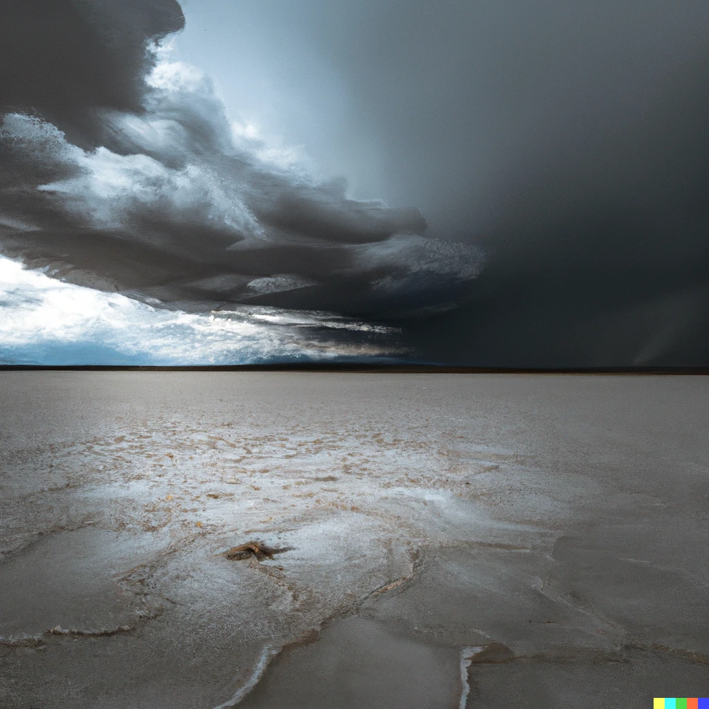 Prompt: a thunderstorm over the salt flats with mountains in the far distance, landscape photography, wide shot, professional picture, cinematic lighting, award-winning