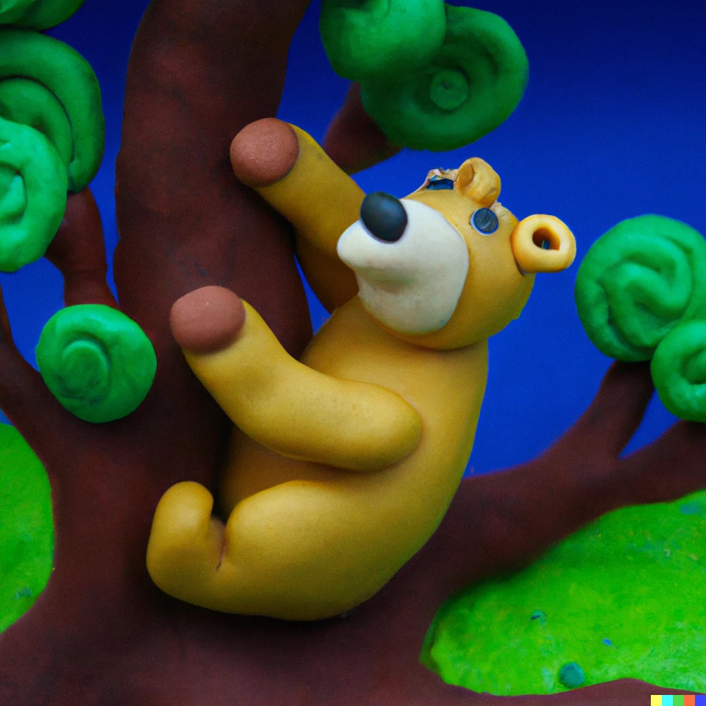 Prompt: a bear climbing a tree, Claymation, Storybook