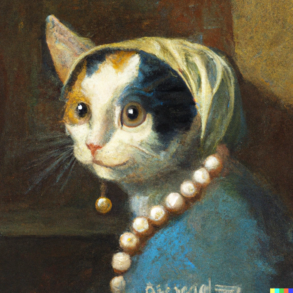 Prompt: "A little cat with a pearl earring" by Johannes Vermeer