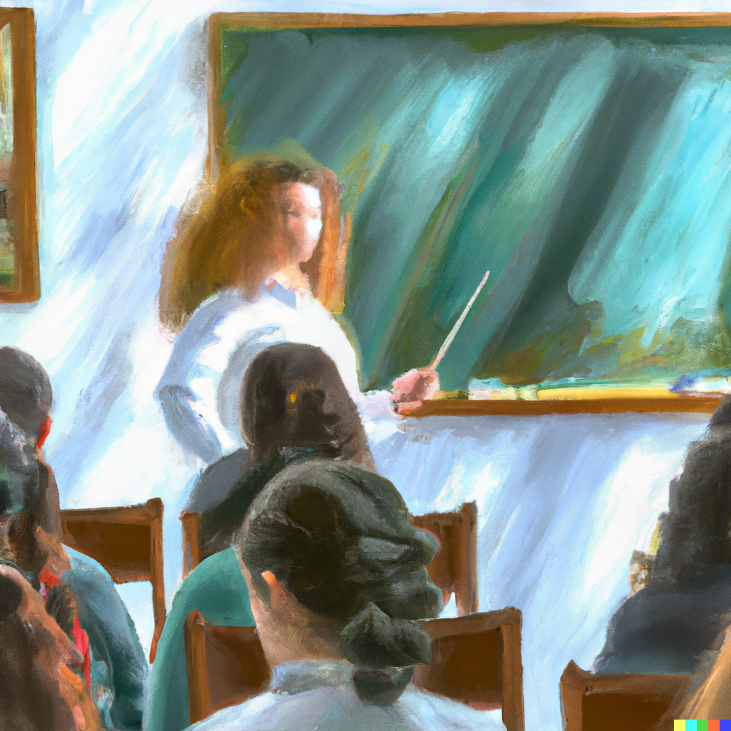 Yvette × DALL·E | Create a picture of a teacher in the classroom in oil ...