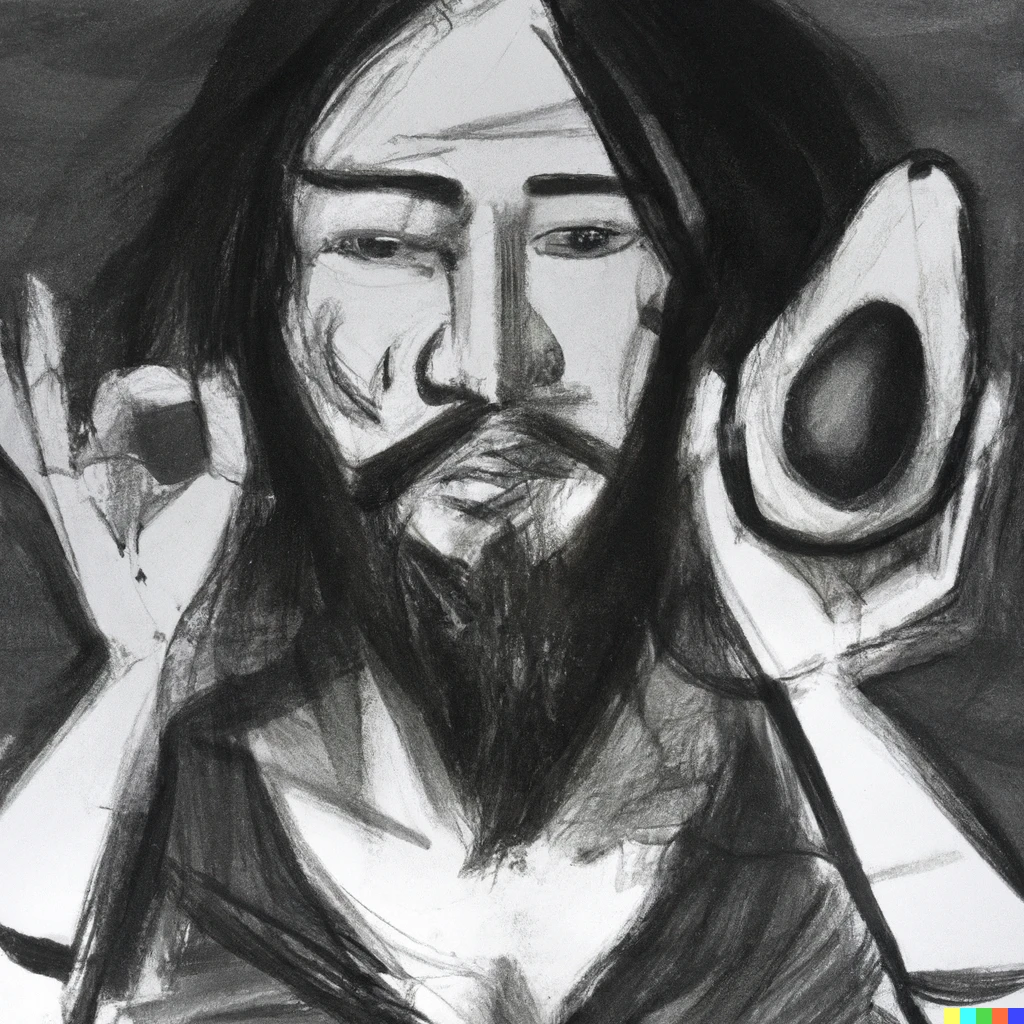 Prompt: a coal drawing of a long haired fully bearded man who's proudly presenting an avocado