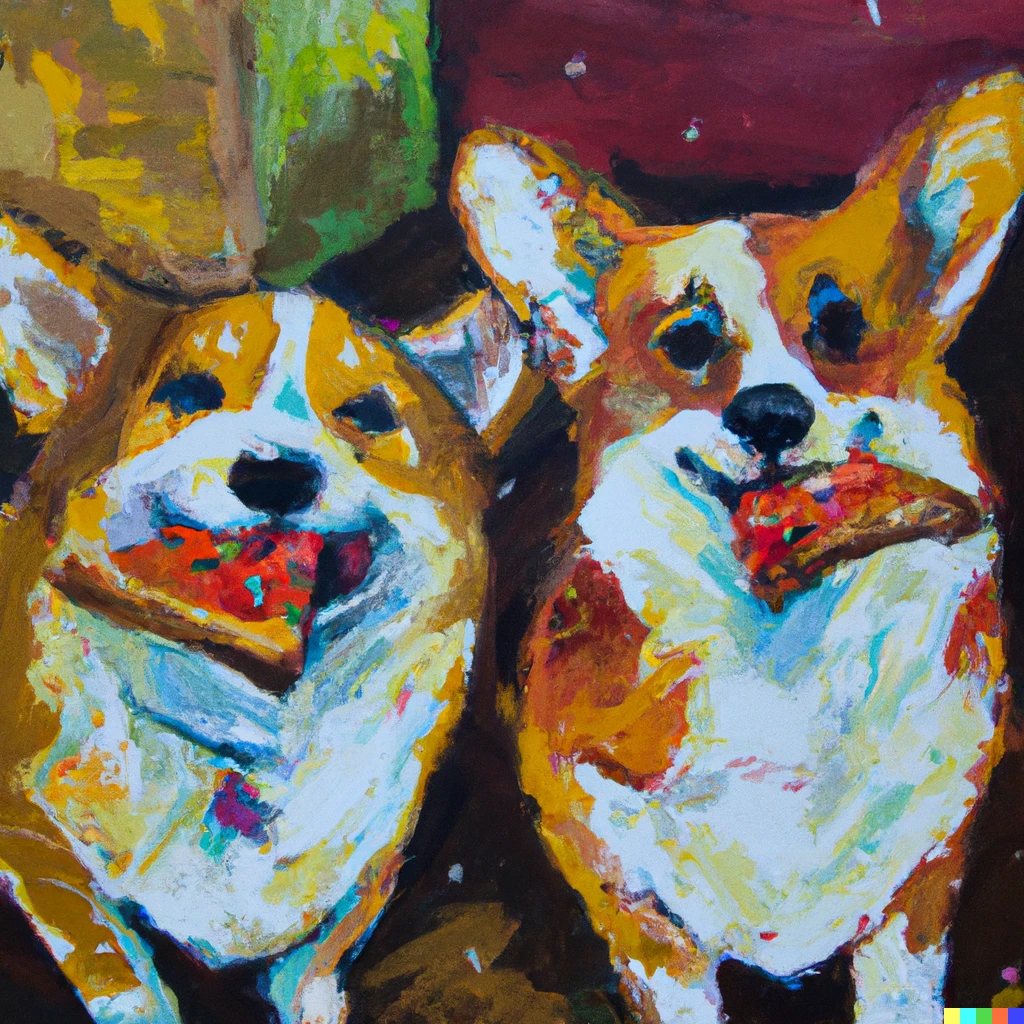 Prompt: an impressionist painting of corgis eating pizza