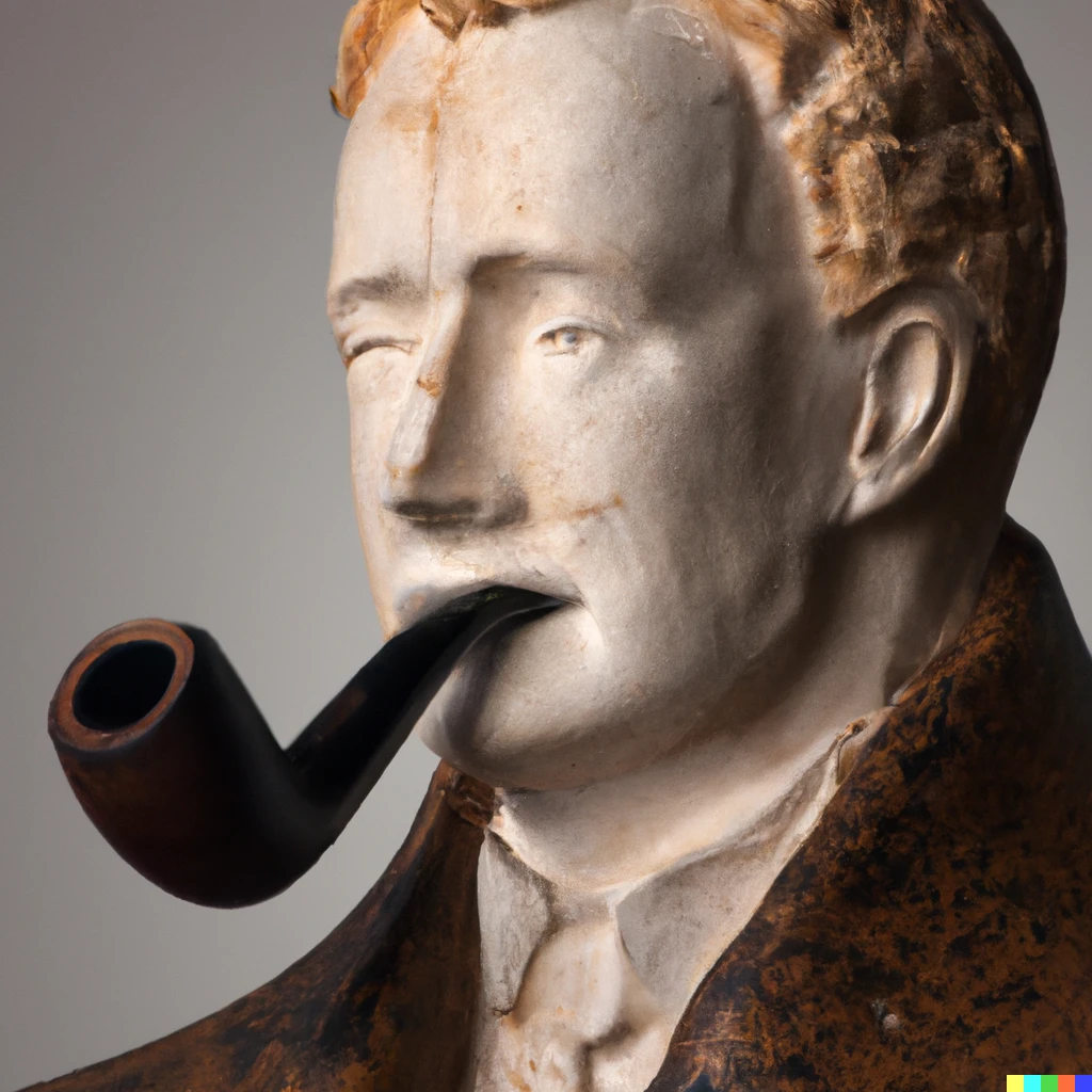Prompt: portrait of Conan O’Brien smoking a pipe and wearing a pea coat, carved into a whale bone