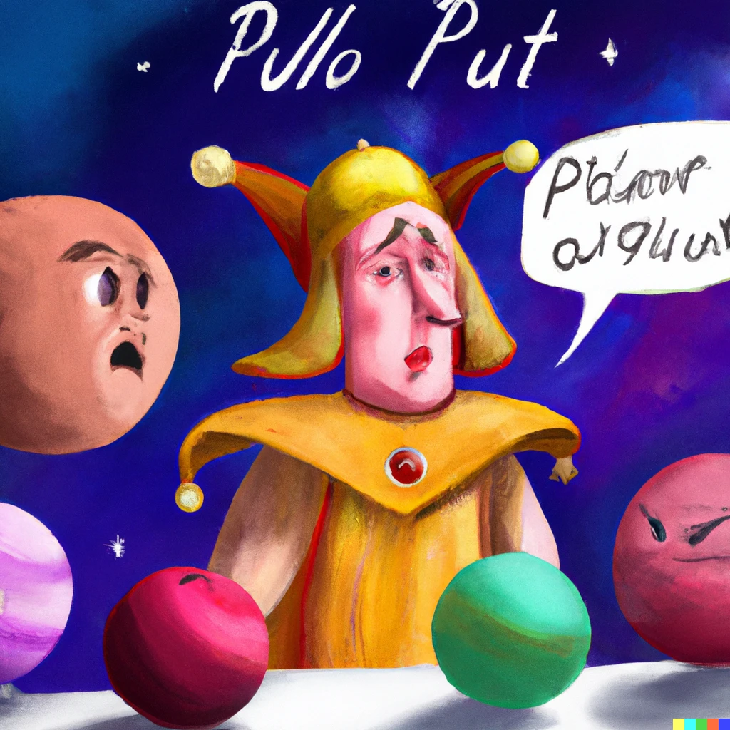 Prompt: Pluto ashamed by being disqualified from the council of the planets