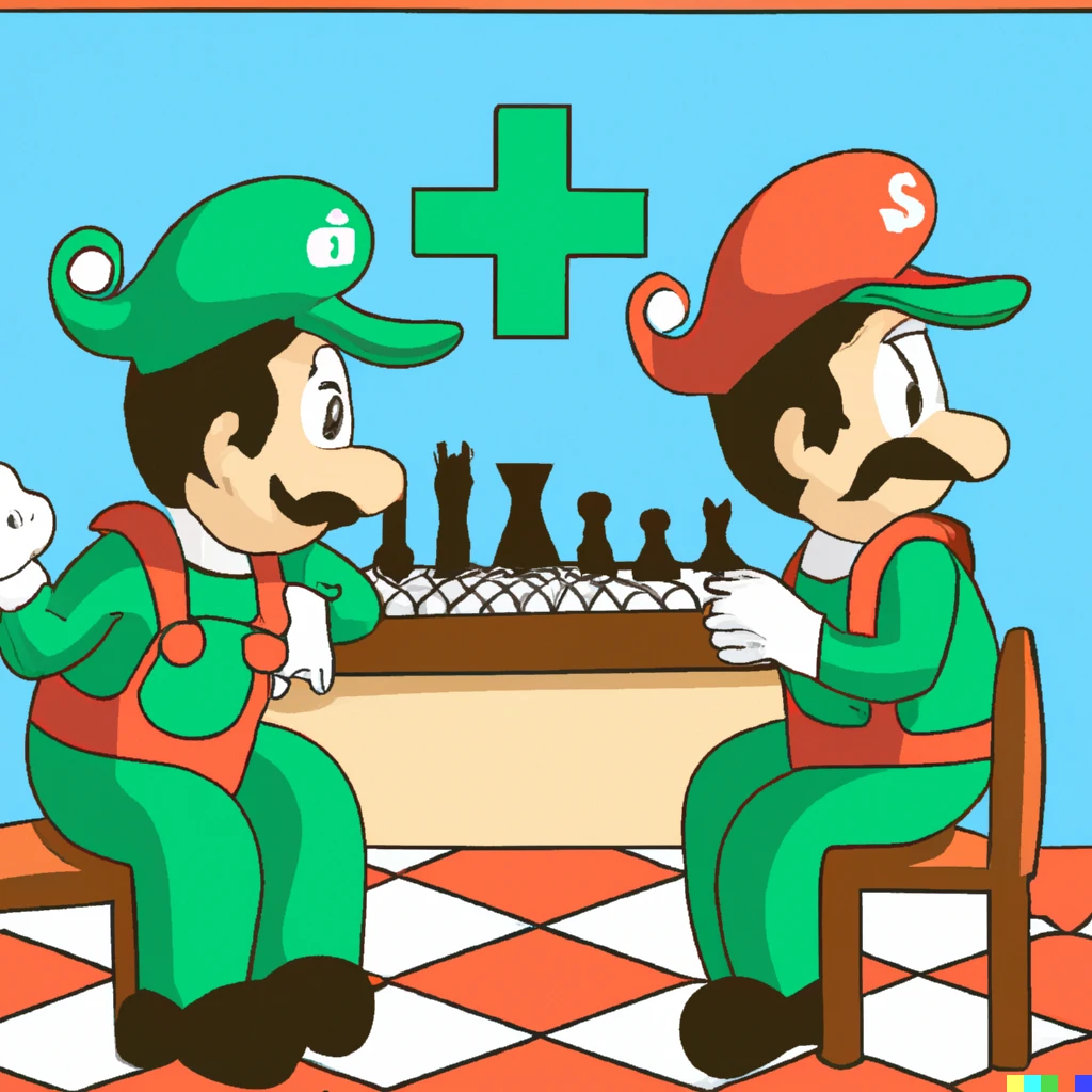 Prompt: mario and luigi playing chess