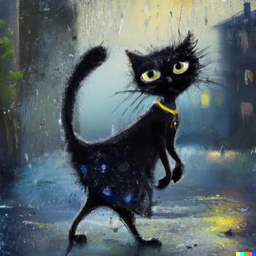 Prompt: A black cat with a black dress drenched from the rain, digital art