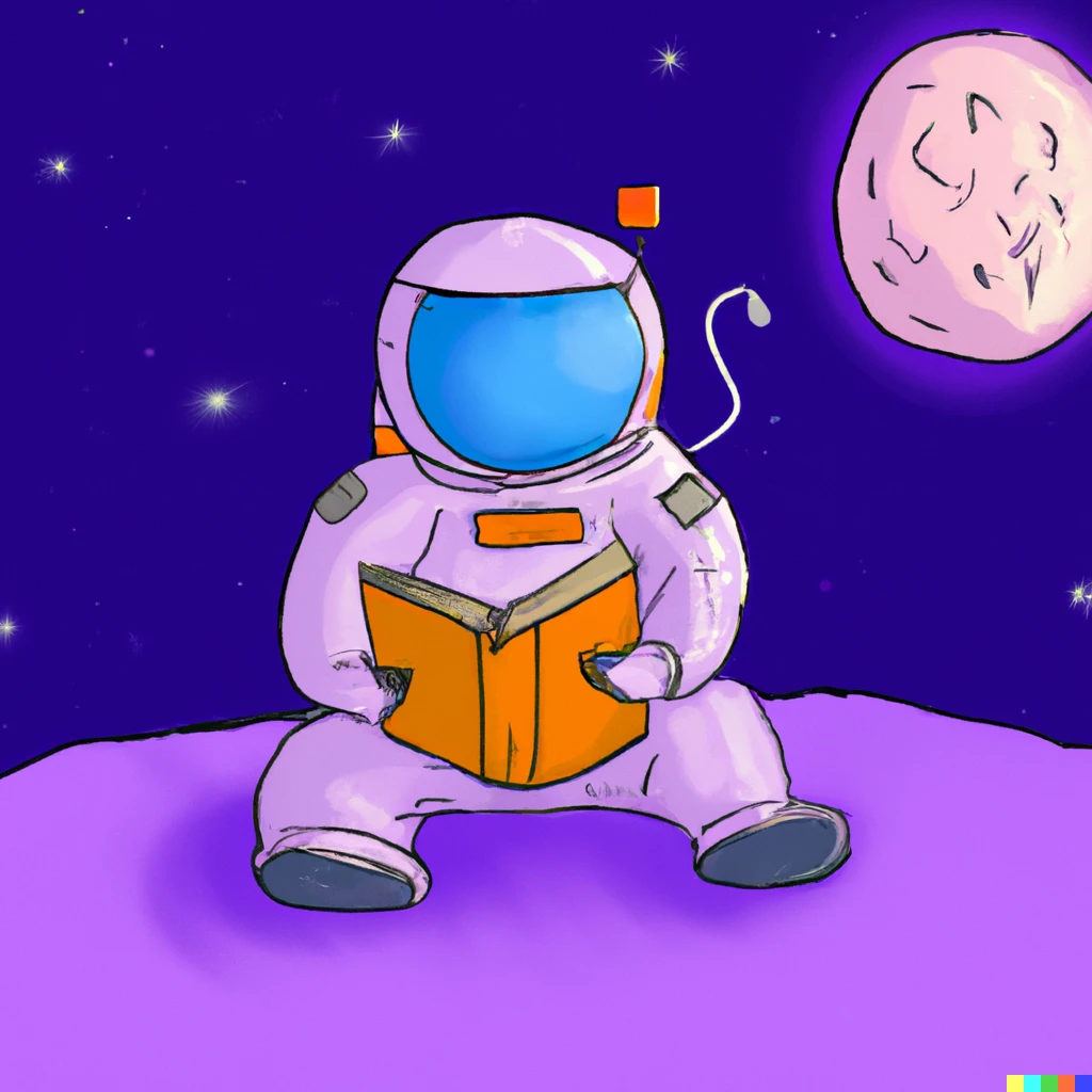 Prompt: a astronut in the moon with a book