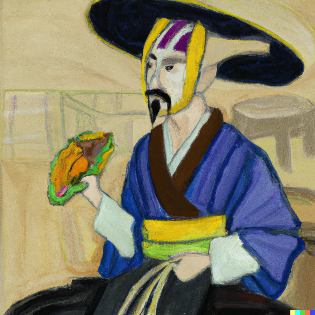 Prompt: An edo period samurai eating a taco in the style of Vincent van Gogh