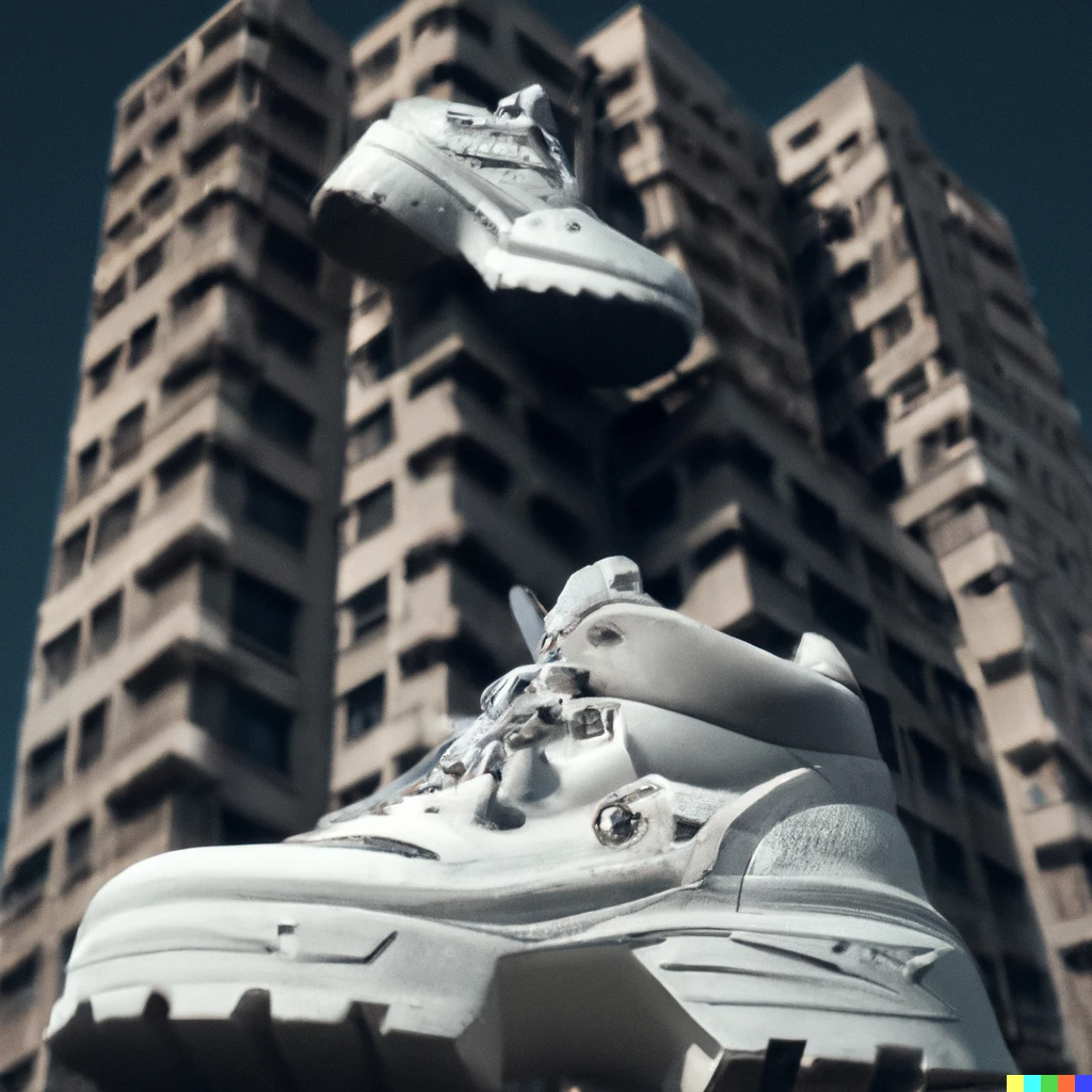 Prompt: A high top sneaker that resembles brutalist buildings