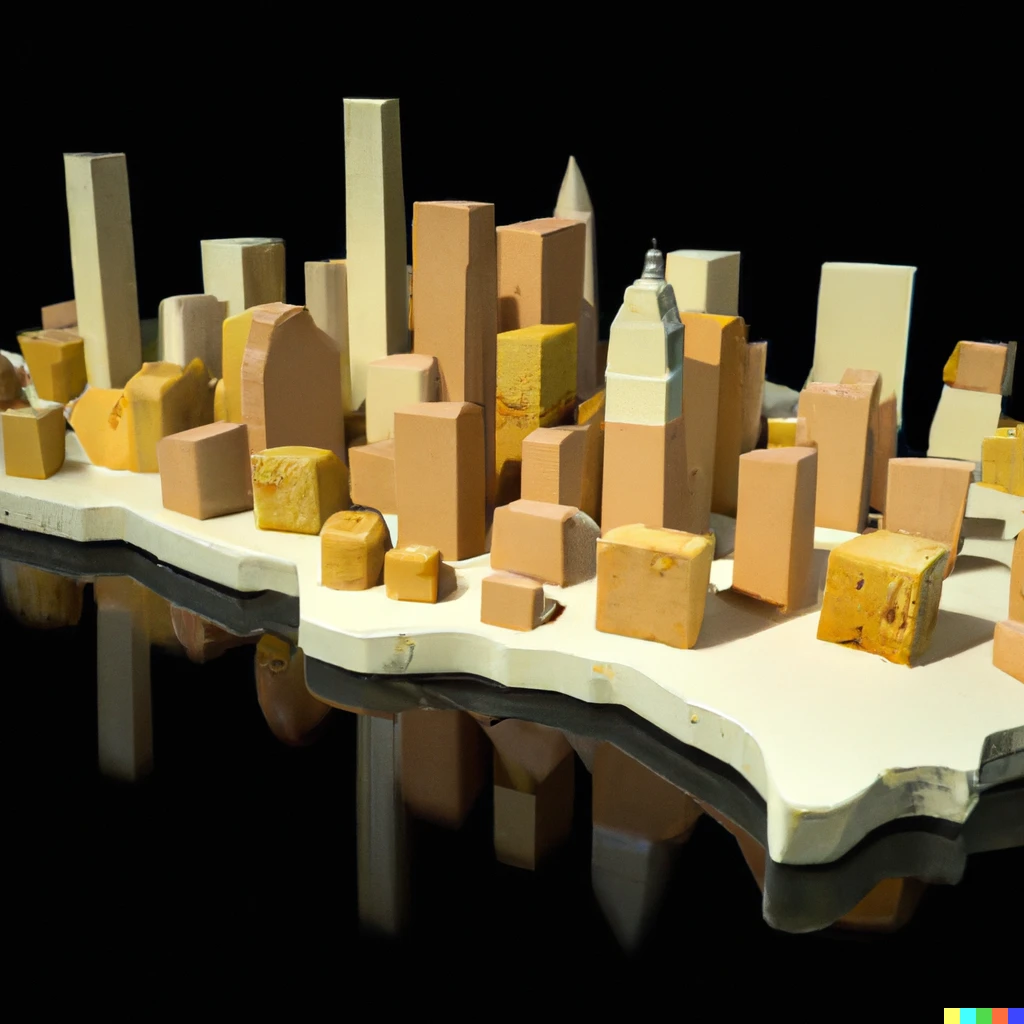 Prompt: A 3D render of the  manhattan skyline made out of brie and cheese  