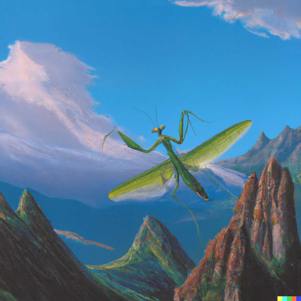Prompt: a mantis with wings spread open on top of a mountain above a valley,  a painting by Robert McCall