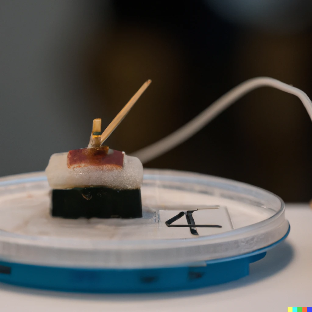 Prompt: Photograph of a plate of omakase sushi being survived at a sushi counter. The sushi is made of circuit boards and wires instead of fish