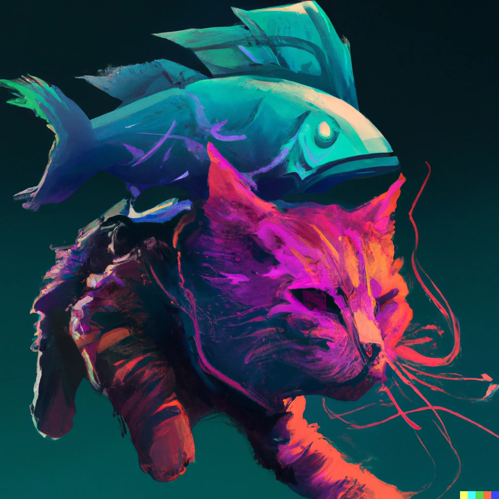Prompt: synthwave fish jumping on cat head, digital art