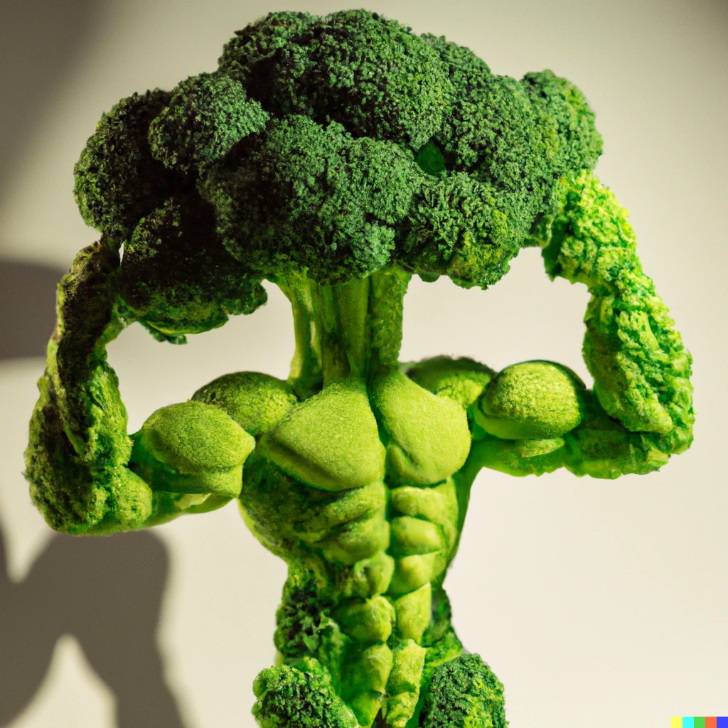 Prompt: A sculpture of a professional bodybuilder made entirely from fresh broccoli, designed by Antoni Gaudi, studio lighting, extremely detailed