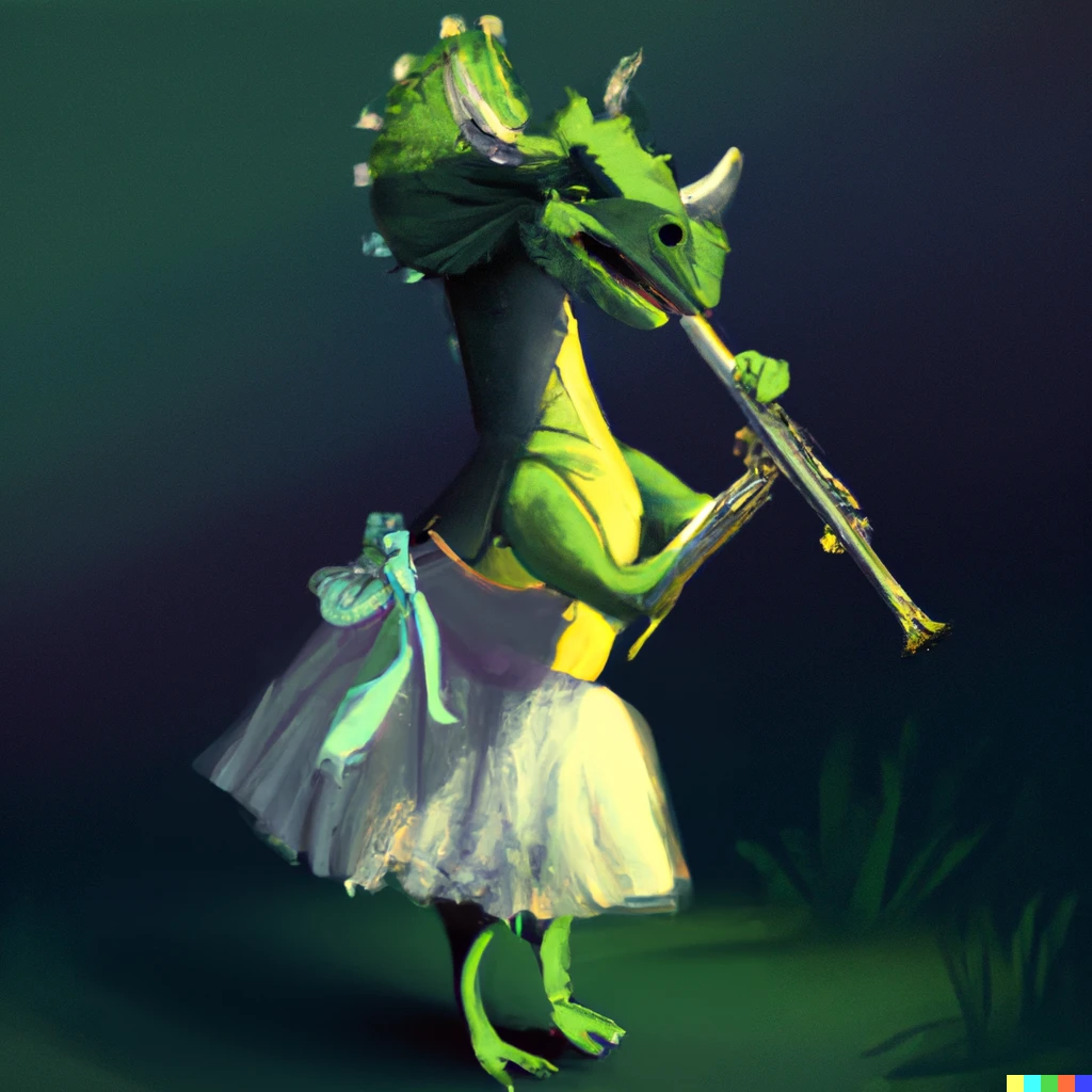 Prompt: A green dinosaur wearing a tutu playing the clarinet, digital art