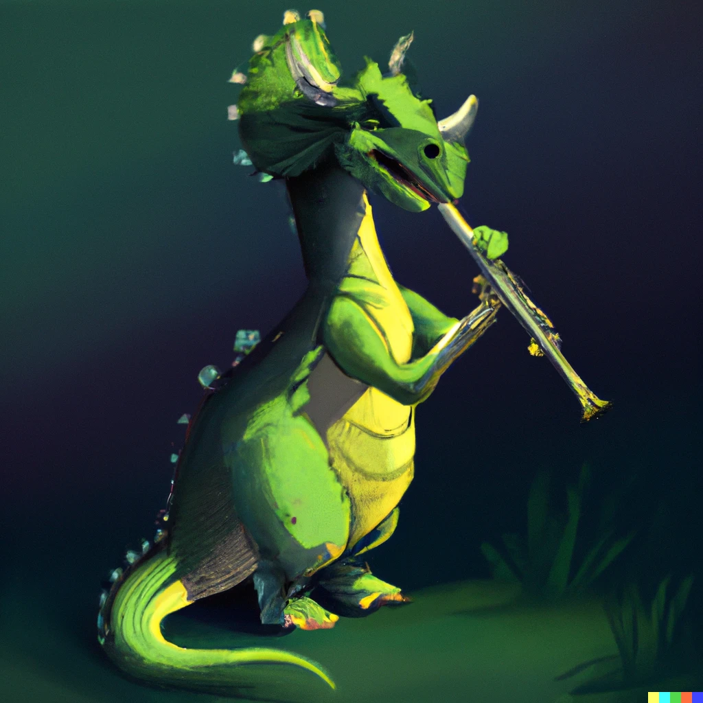 Prompt: A green dinosaur playing the clarinet, digital art