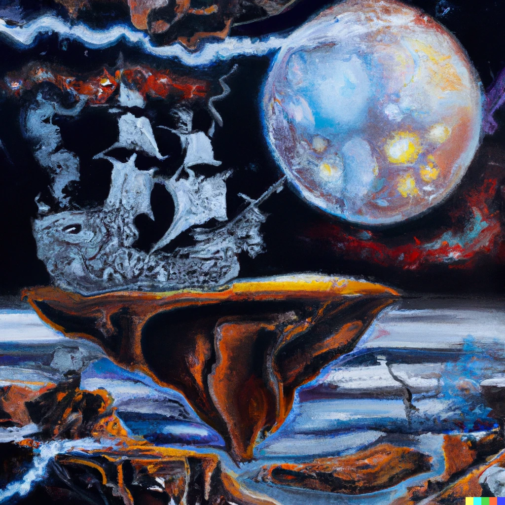 Prompt: Surrealistic painting of a pirate ship on lava, planets on the background, extremely detailed