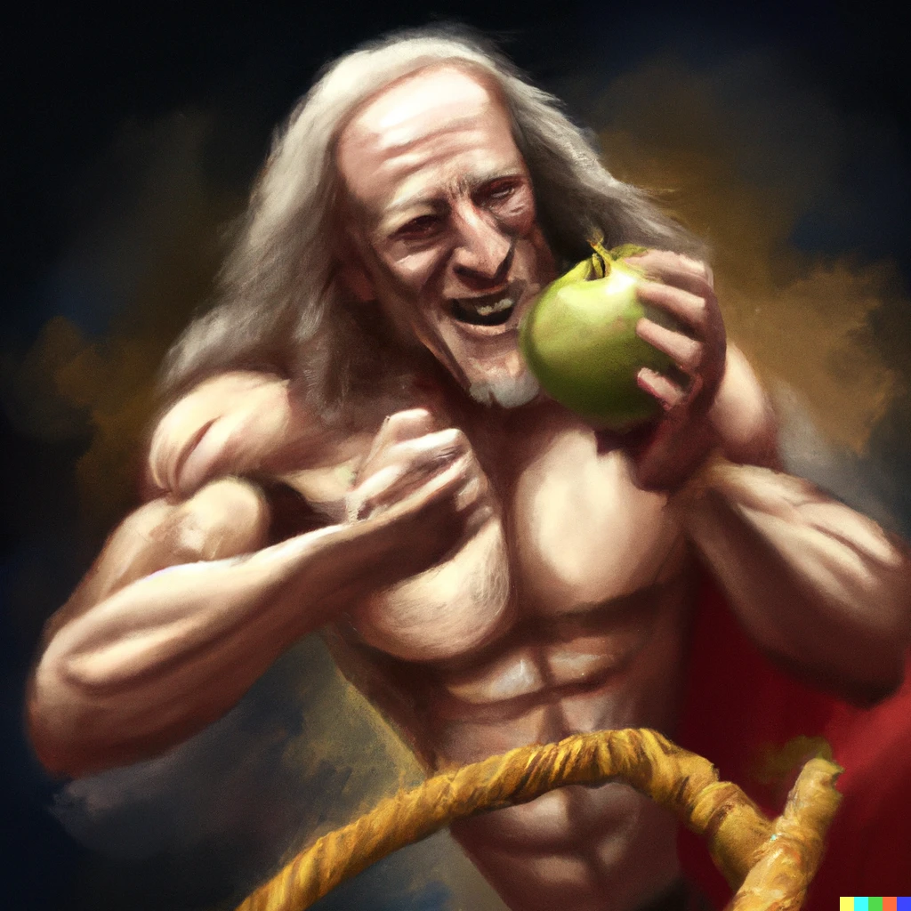 Prompt: Isaac Newton wrestling an apple in a WWE ring, digital art
