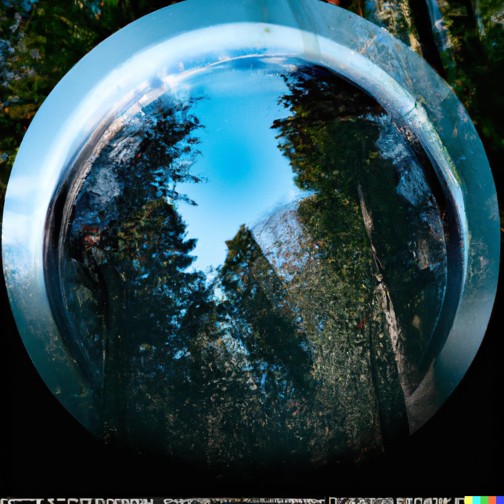 Prompt: Forest inside of a glass ball floating in the sky. 90's drum and bass album cover