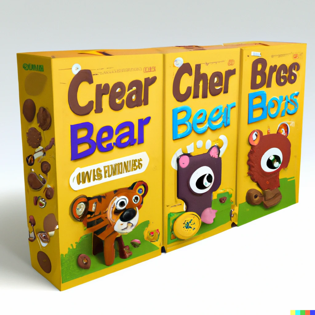 Prompt: 3D cereal box design for a cereal that tastes like bees bears beavers