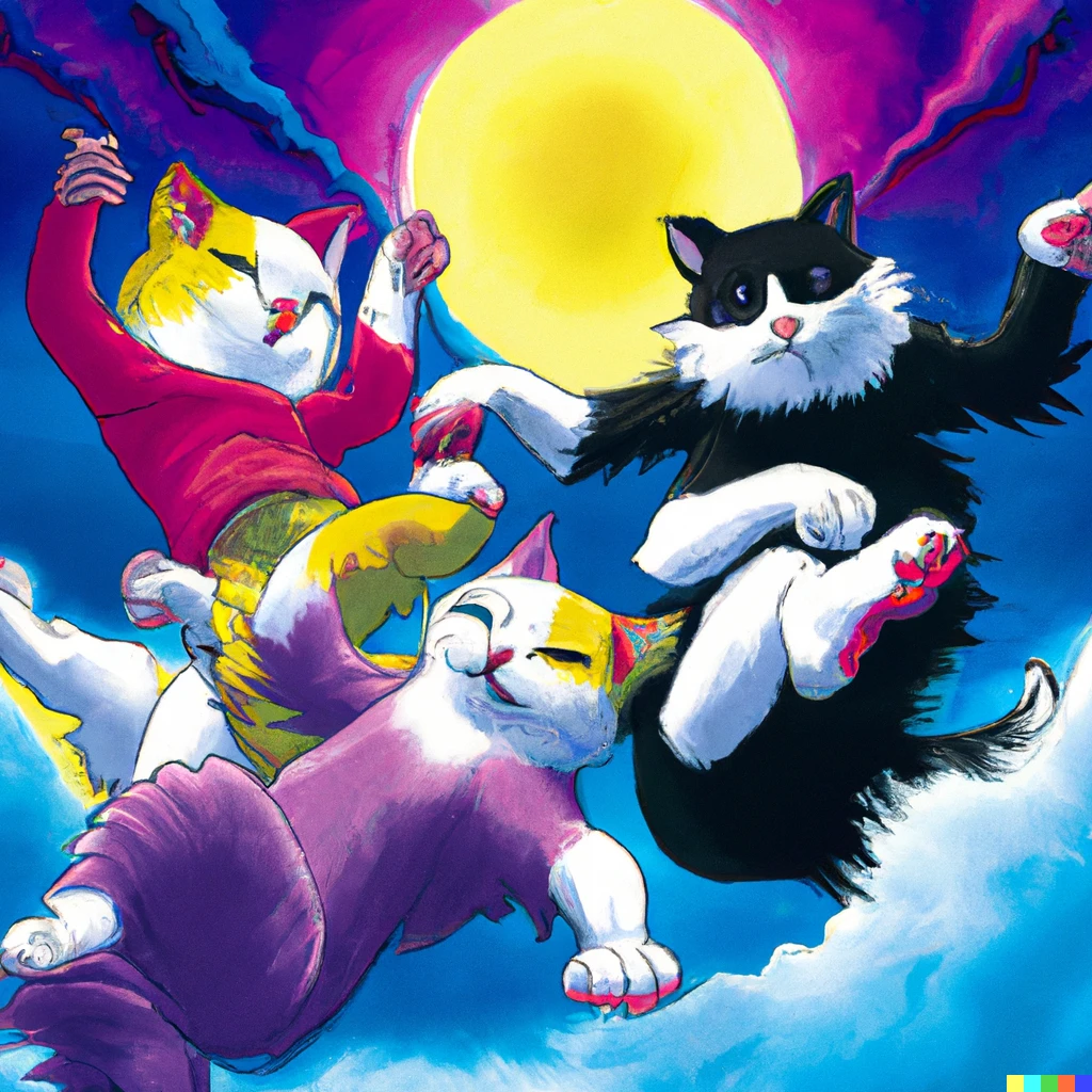 Prompt: cats dancing at a rave. digital art, 90's album cover