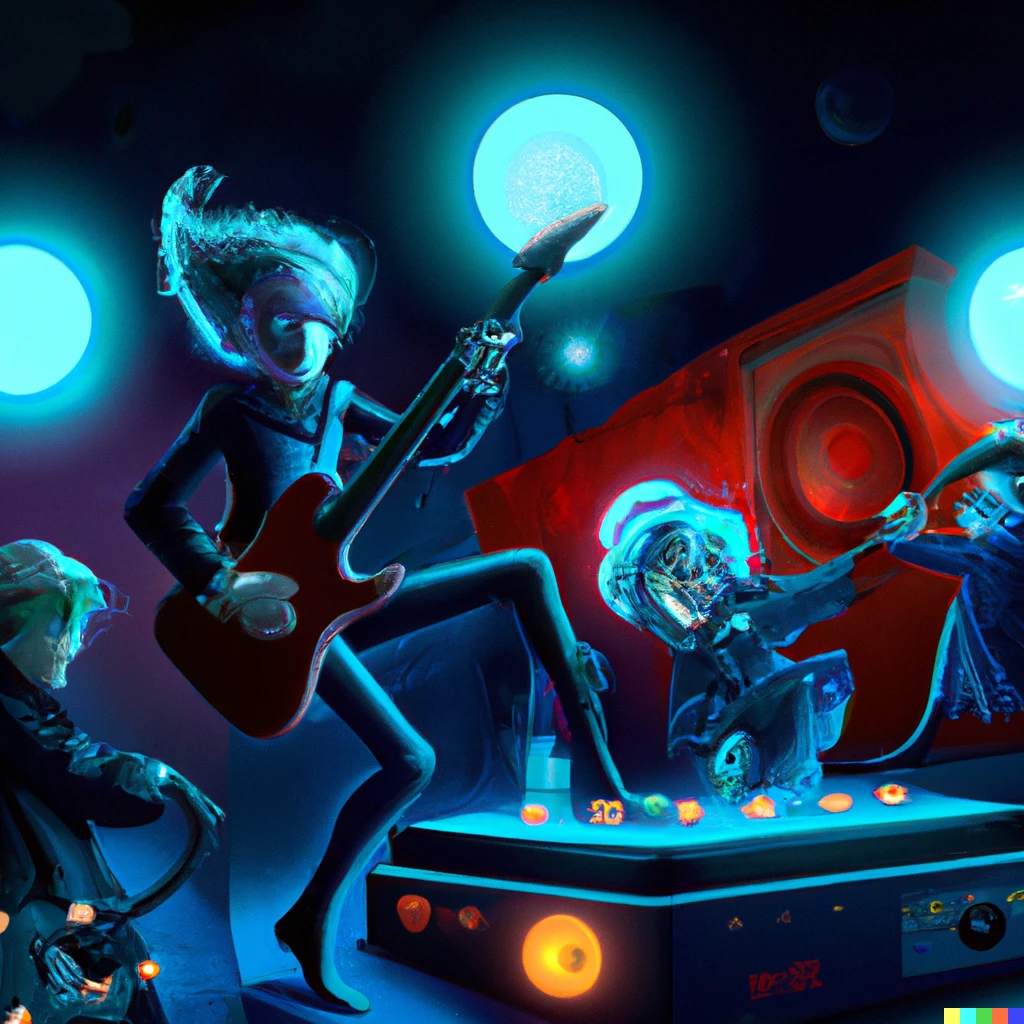 Prompt: A rock band in the year 3000 discovering a new note, digital art