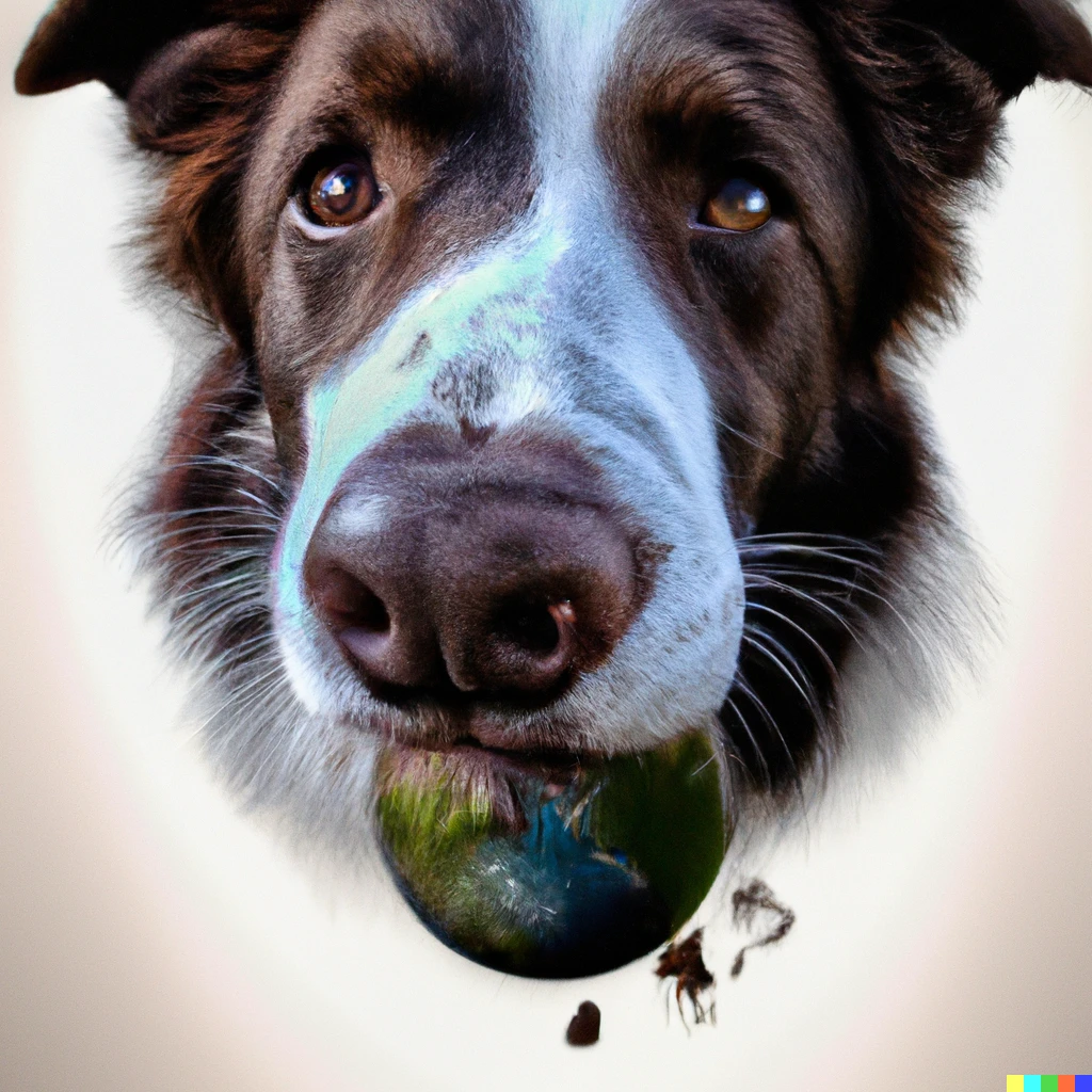 Prompt: Surrealistic digital art of a white and brown Border Collie dog with the Earth on his mouth