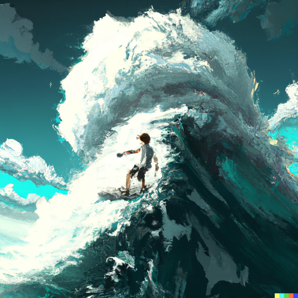 Prompt: Man surfing a tsunami, digital art