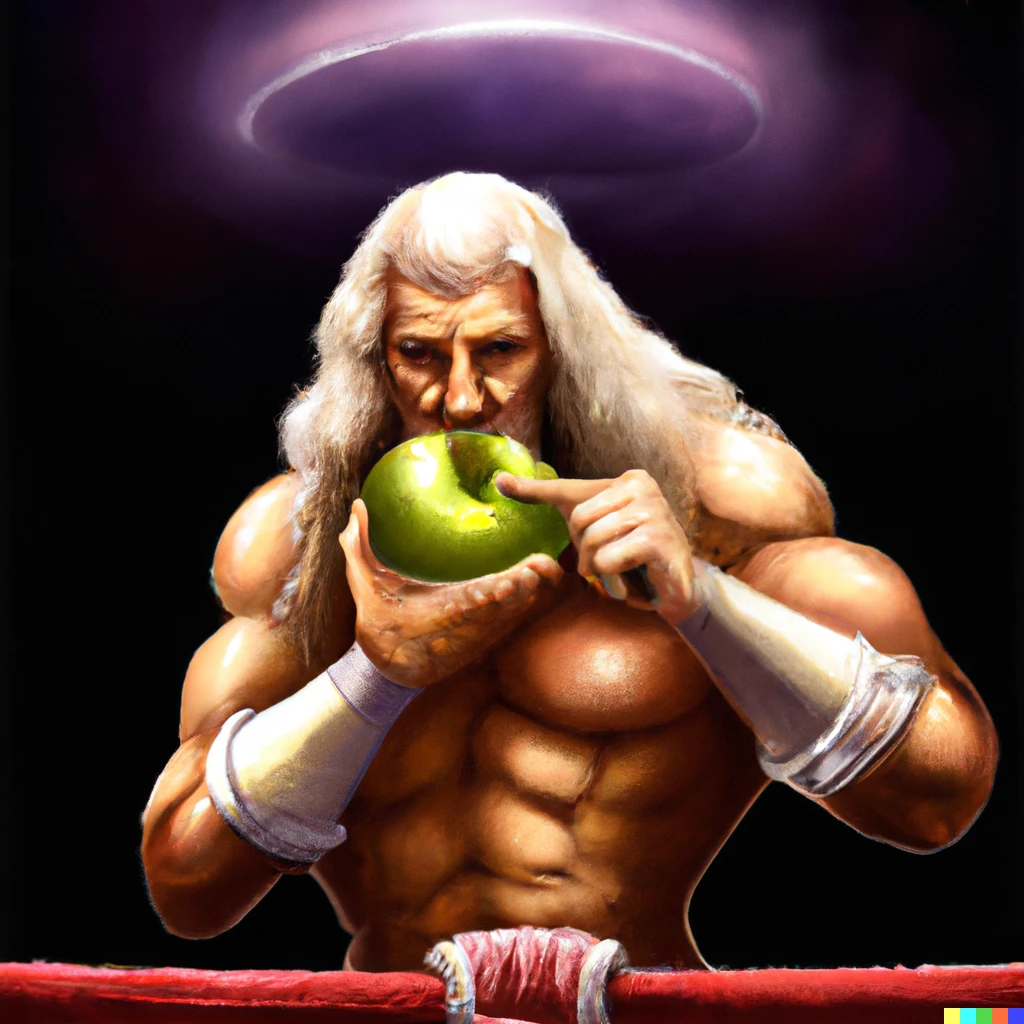 Prompt: Isaac Newton wrestling an apple in a WWE ring, digital art