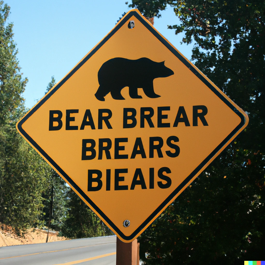 Prompt: A photograph of a street sign that warns drivers that oversized bears are nearby
