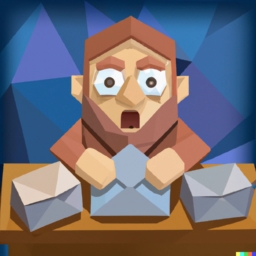 Prompt: A surprised dwarf peaking over his desk at a pile of mail in a low poly style.