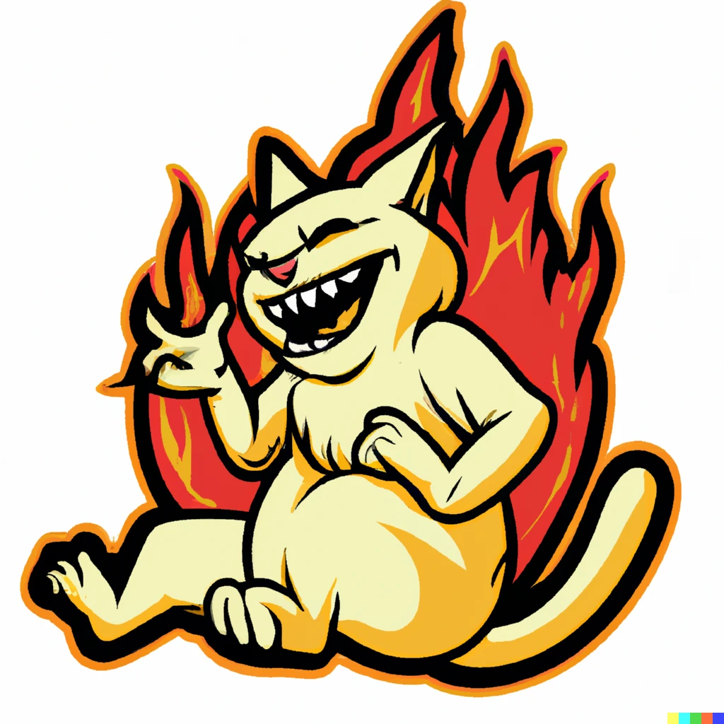 Prompt: A sticker of a cat laughing menacingly with fire on his paws