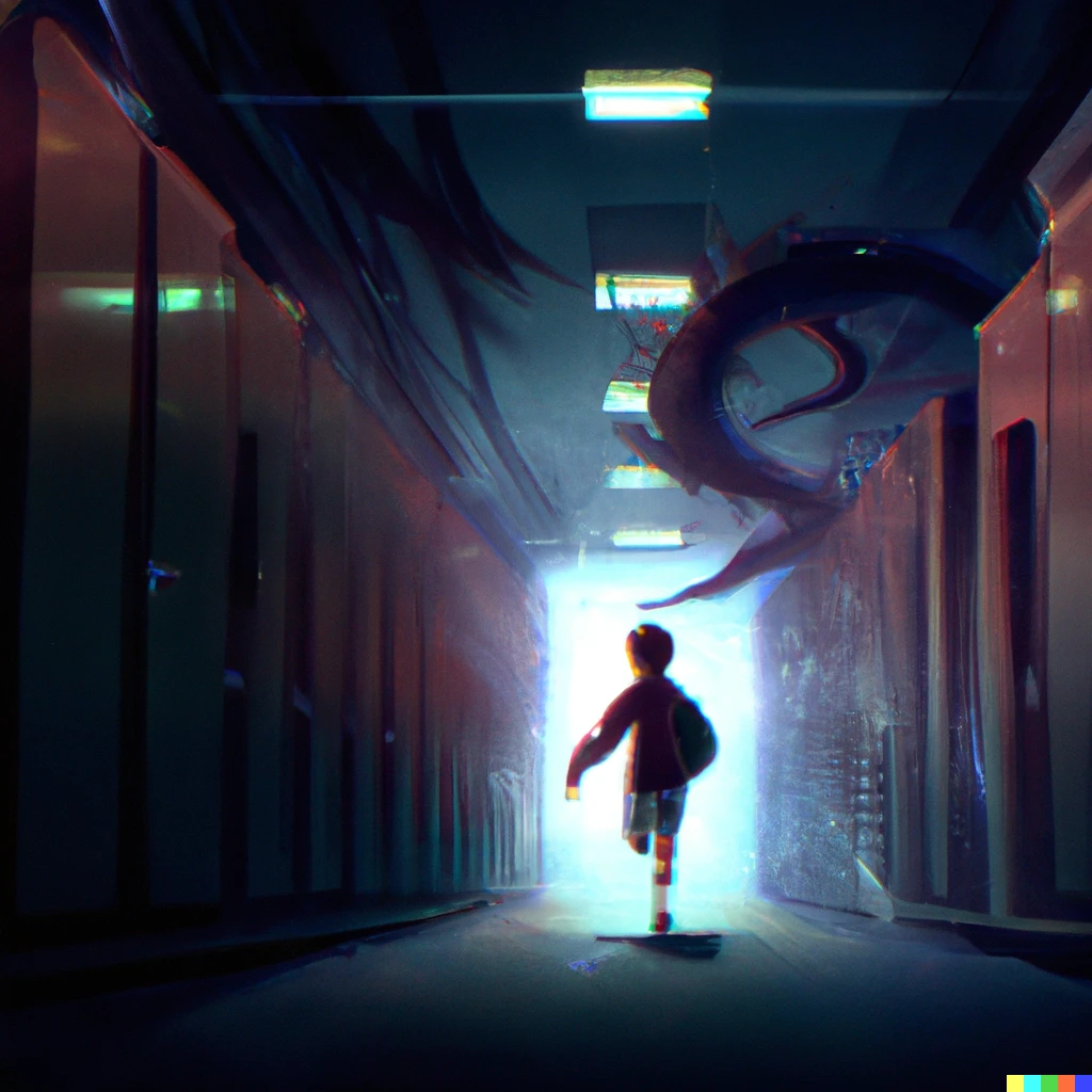 Prompt: A student in a glowing, dark school corridor running from a Demogorgon, digital art