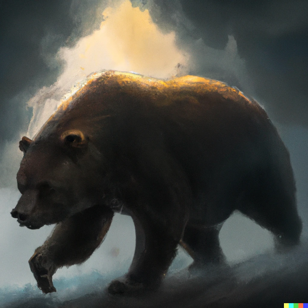 Prompt: An oversized grizzly bear walking the ethereal plane of existence, digital art