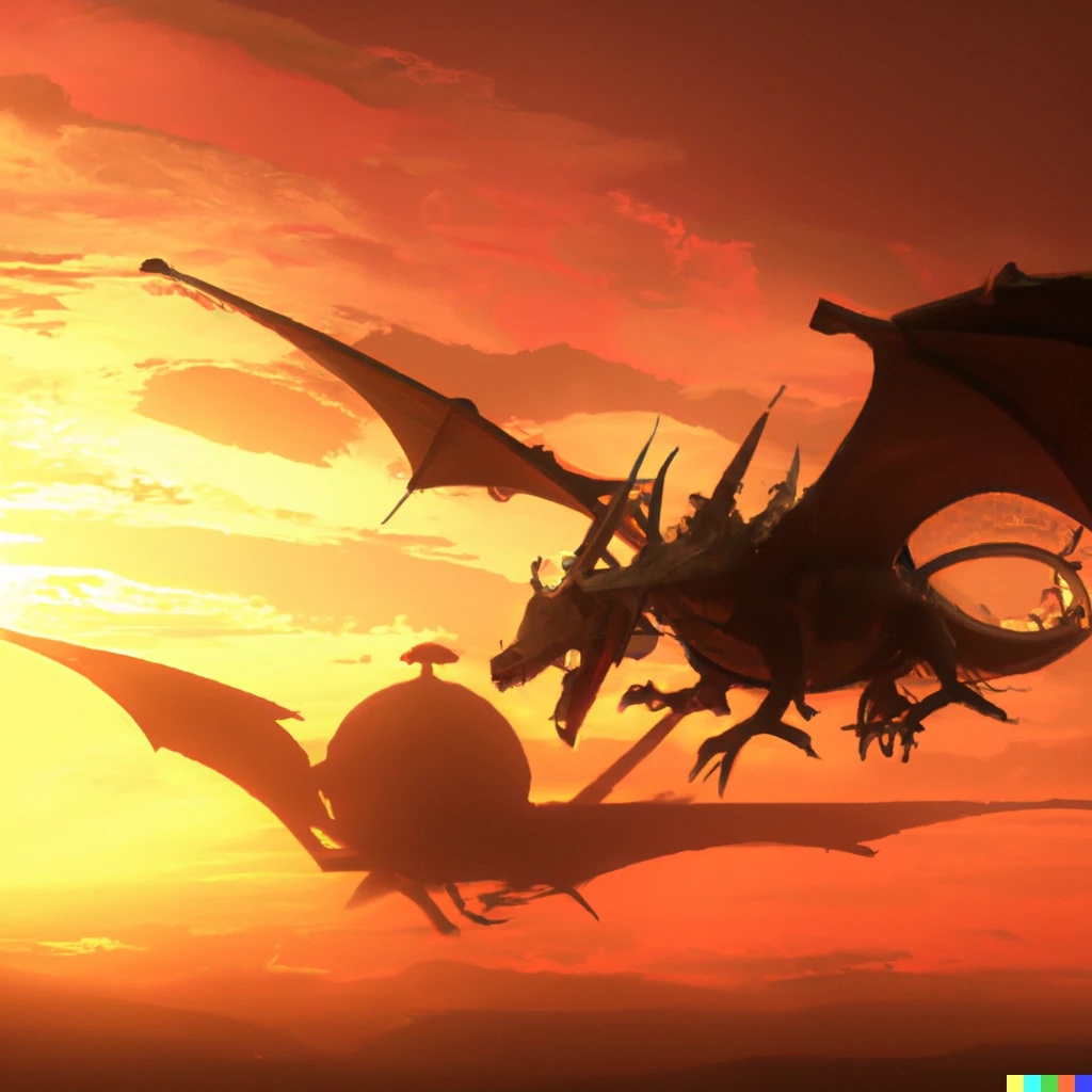 Prompt: fantasy dragon medieval airship battle sunset wallpaper 4k hd