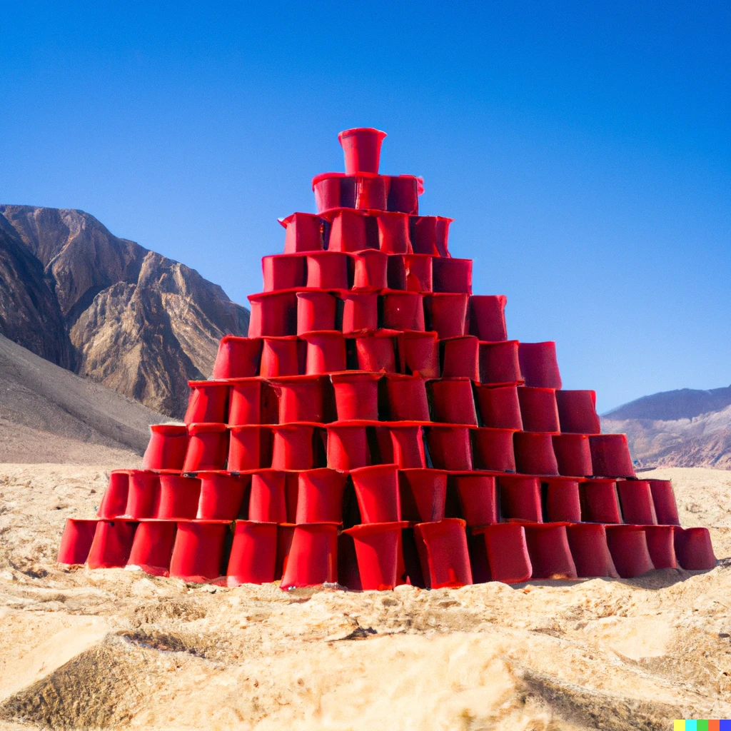 Prompt: A giant pyramid of many red solo cups in a desert