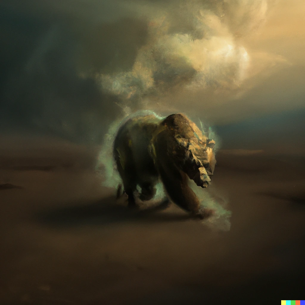 Prompt: An oversized grizzly bear walking the ethereal plane of existence, digital art