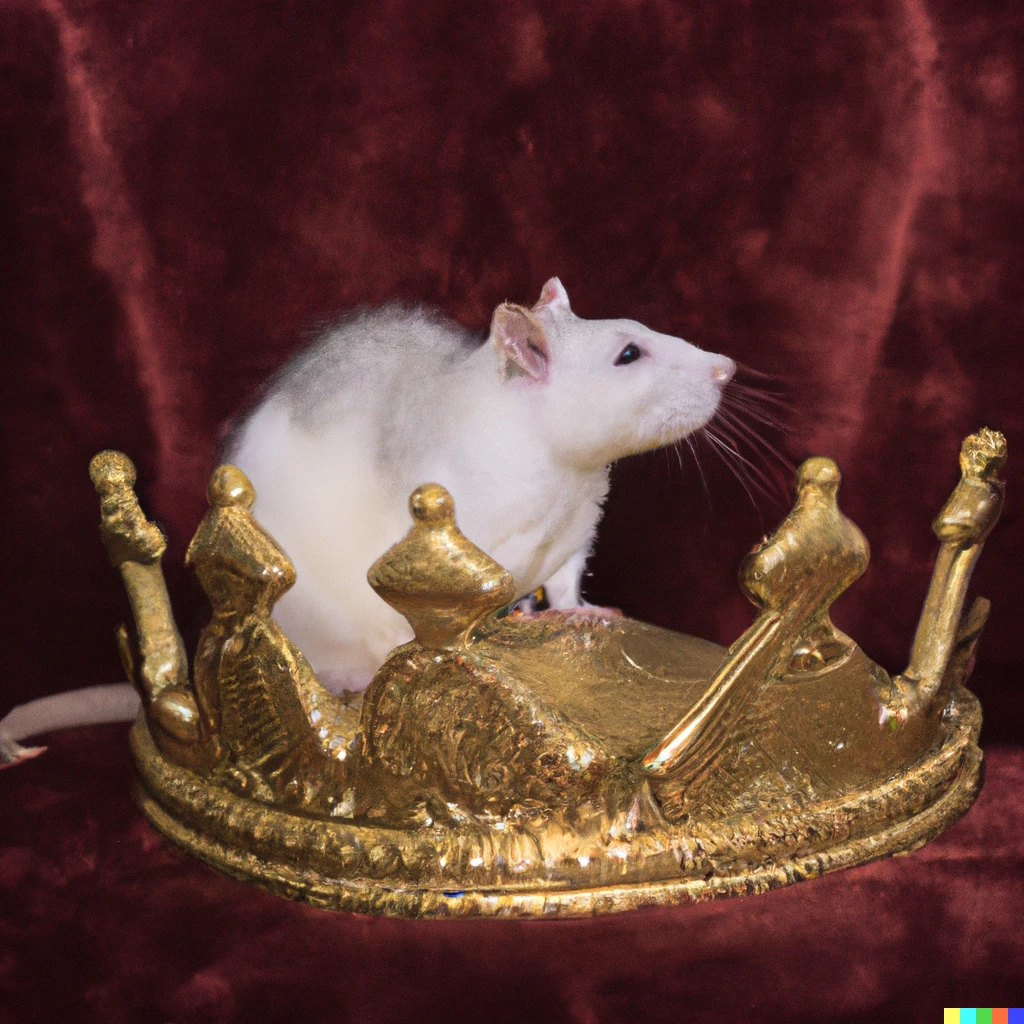 Prompt: photo of a rat on a golden throne with a crown