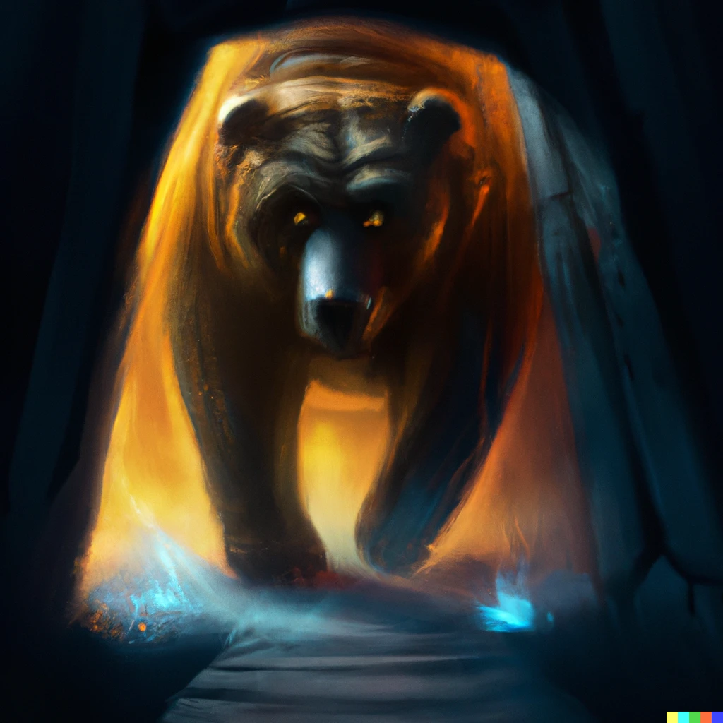 Prompt: oversized bear with fiery eyes walking out of portal, night, digital art