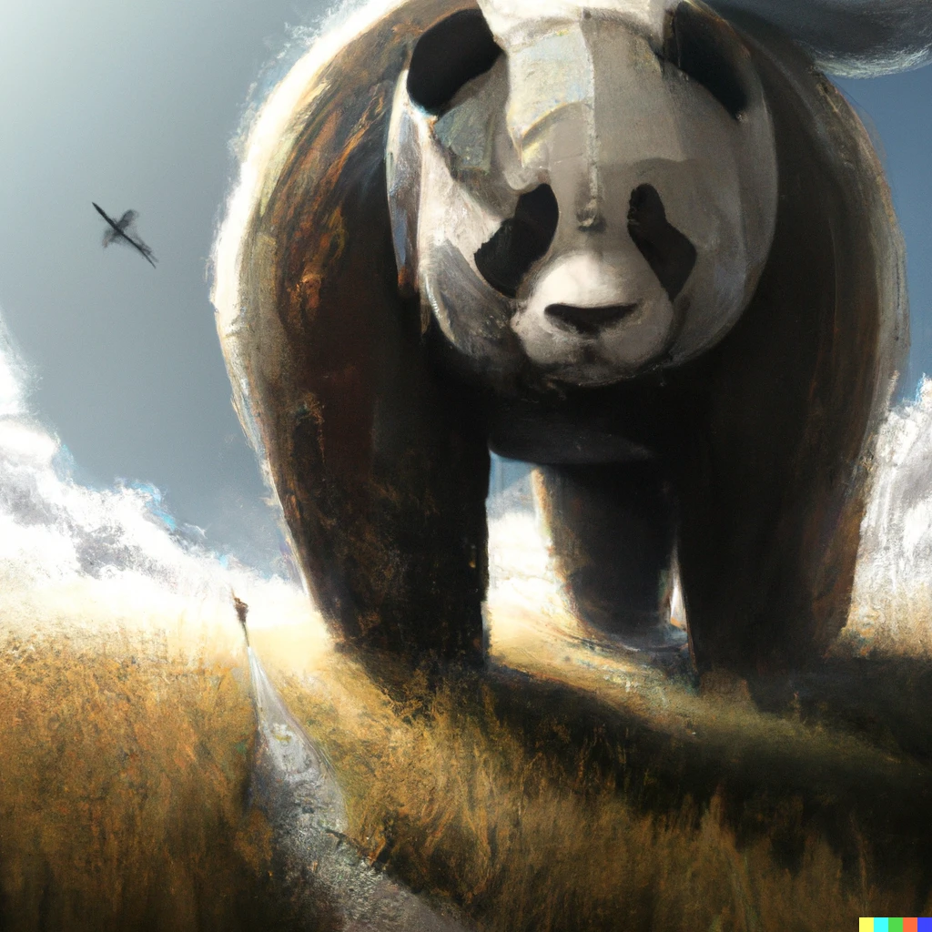 Prompt: An oversized grizzly panda walking the ethereal plane of existence, digital art