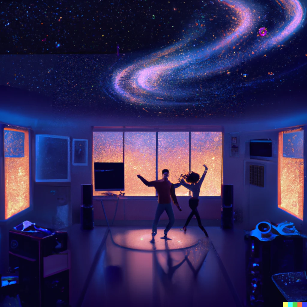 Prompt: digital art of a home music studio with a couple dancing, Andromeda galaxy on the background