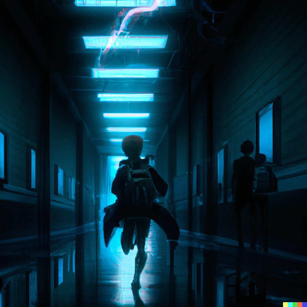 Prompt: A student in a glowing, dark school corridor running from a Demogorgon, digital art