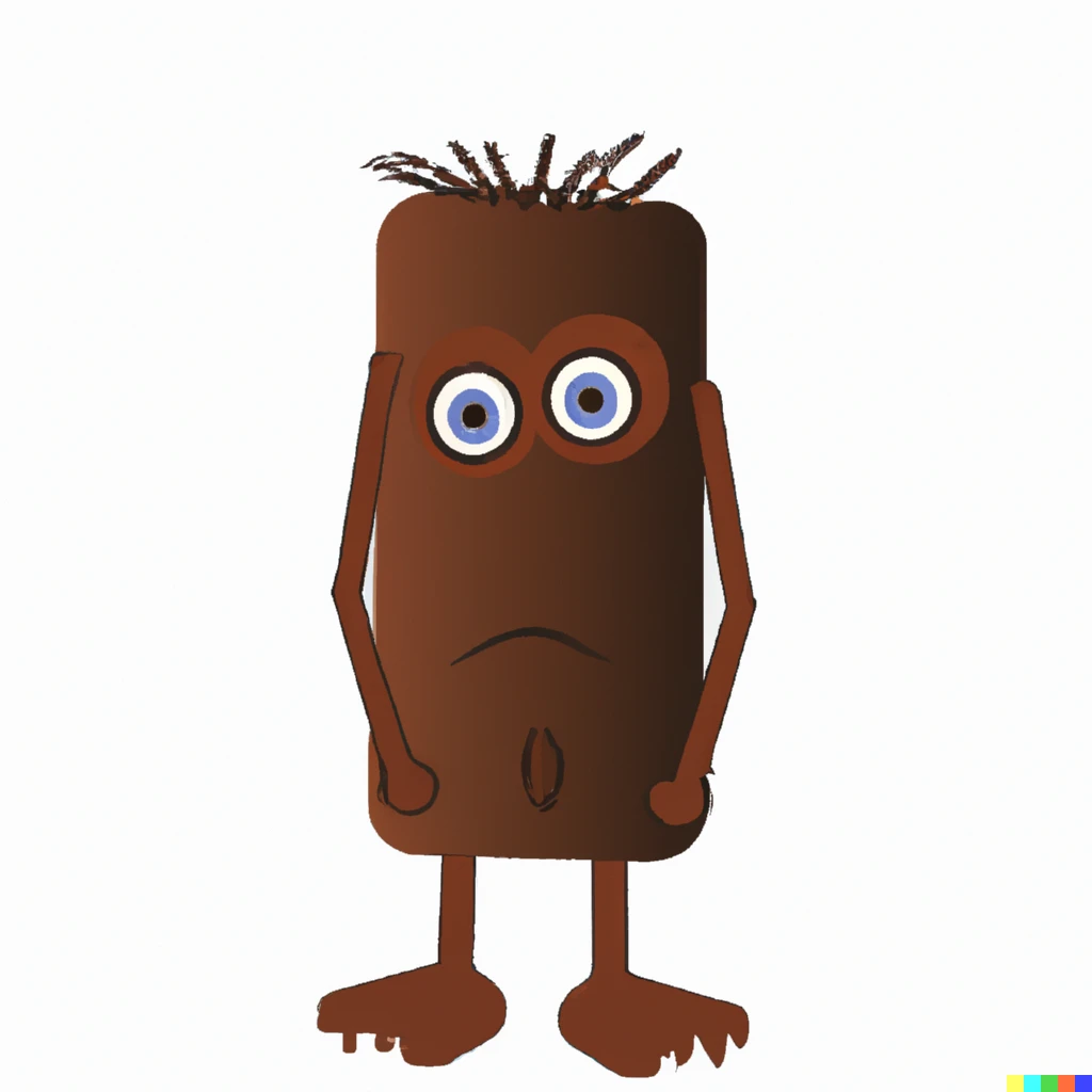 Prompt: A brown puppet that looks like a grumpy tin loaf with very short arms and big hands and with very short legs and big feet.