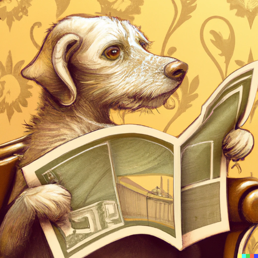 Prompt: dog reading a newspaper illustration in the art nouveau style