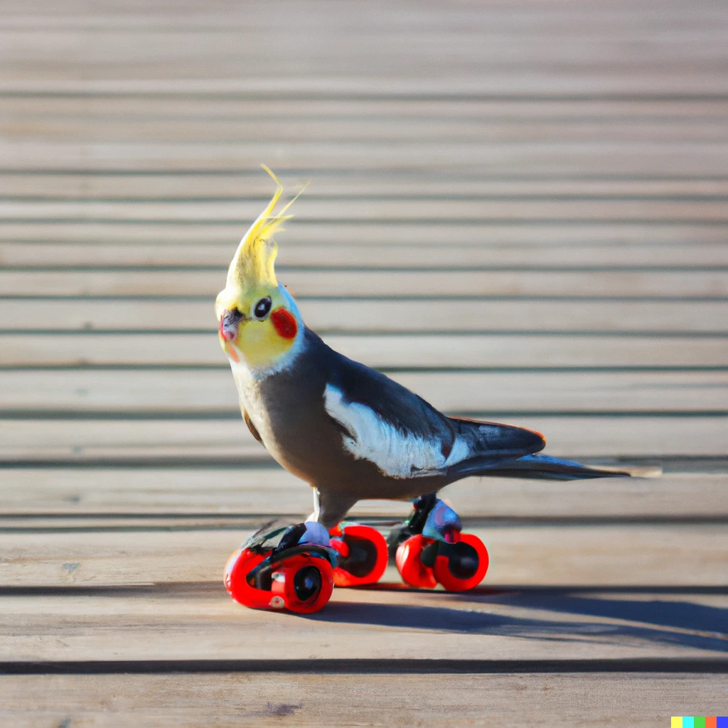 Prompt: Cockatiel on roller skates on a boardwalk
