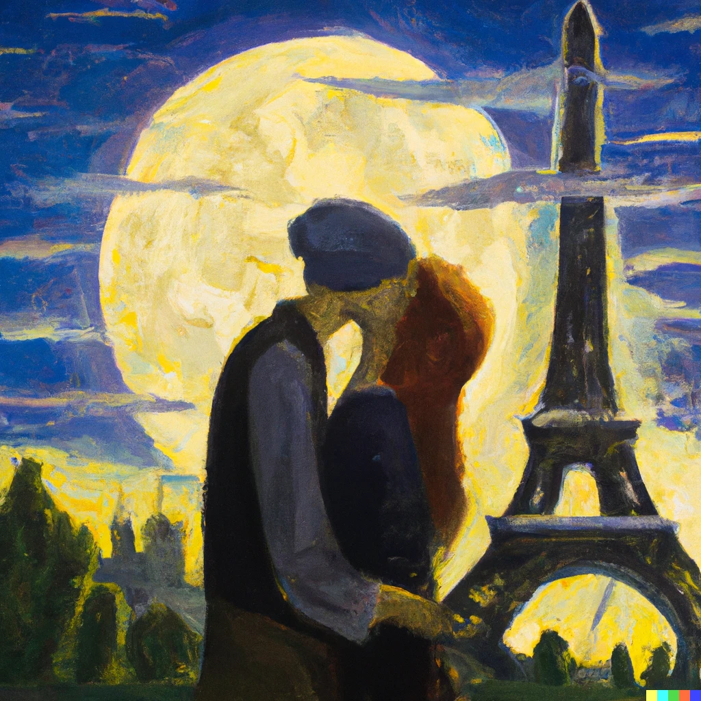 Prompt: Kissing her forehead infront of Eiffel tower with moon in background, painting, van gough