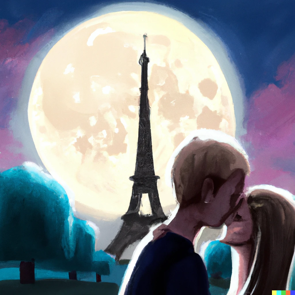 Prompt: Kissing her forehead infront of Eiffel tower with a full moon in background, painting 