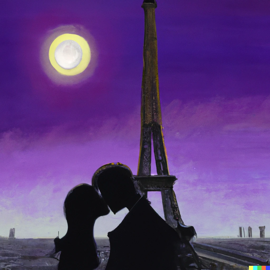 Prompt: Kissing her forehead infront of Eiffel tower with a full moon in background, painting 