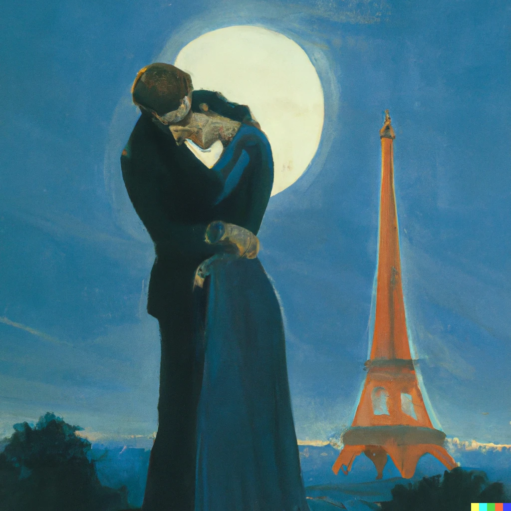 Prompt: Kissing her forehead infront of Eiffel tower with moon in background, painting, frederick kensett